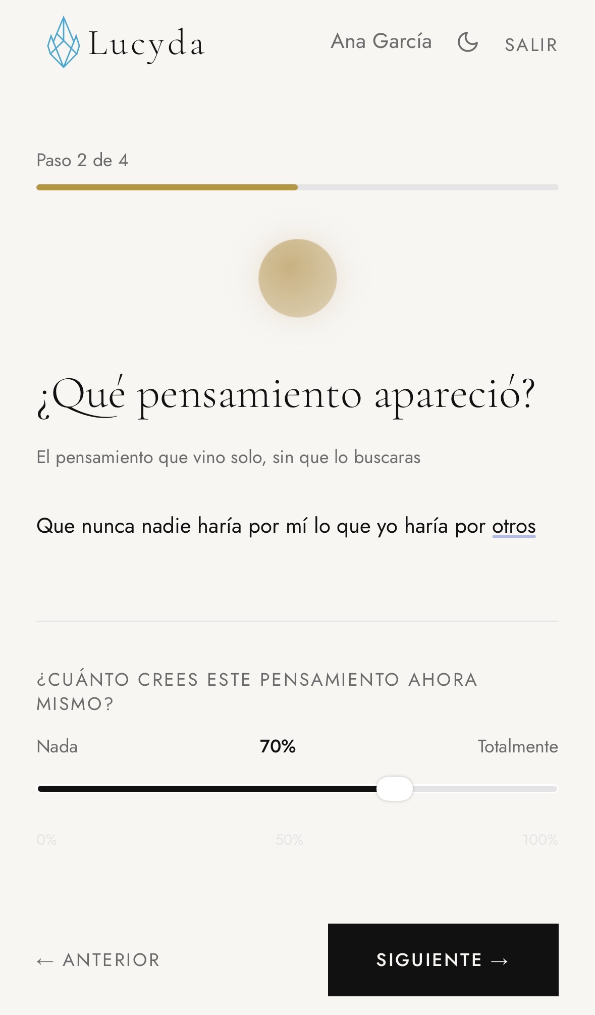 Lucyda — registro de pensamiento guiado, paso a paso